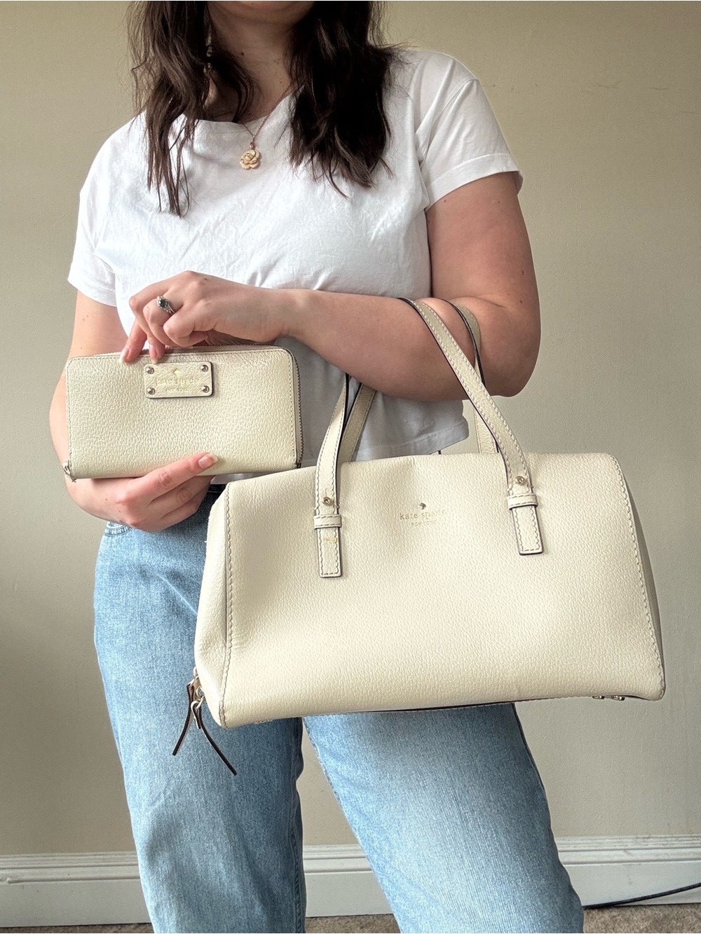 kate spade Cream Leather Grand Street Bag with Wellesley Neda Matching Wallet
